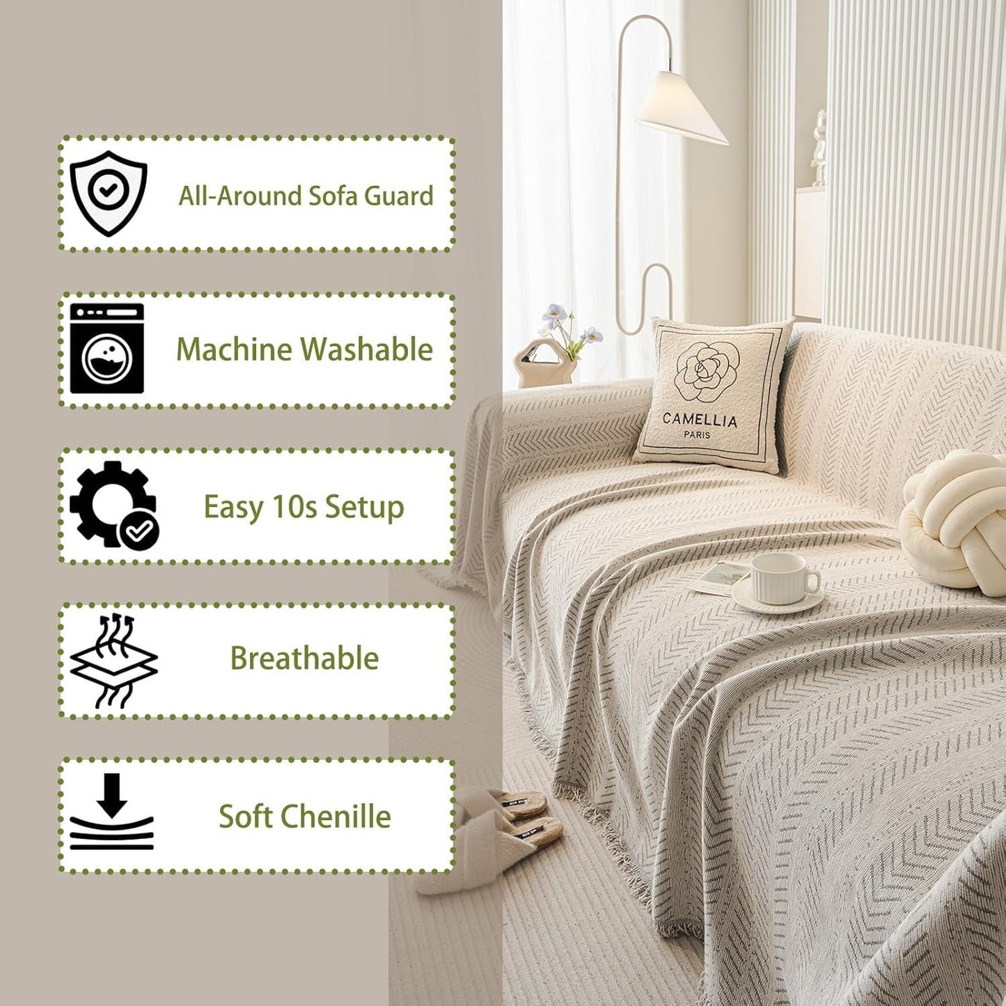 SKY-TOUCH Chenille Sofa Cover 180 * 420cm, Extra Large Multi-Functional Sofa Slipcovers with Tassels, Cat-Proof & Anti-Scratch Couch Protector Slipcover, Shaped Dogs Protector Furniture Covers, Beige
