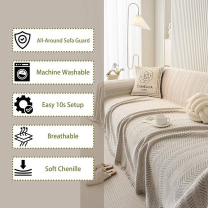 SKY-TOUCH Chenille Sofa Cover 180 * 420cm, Extra Large Multi-Functional Sofa Slipcovers with Tassels, Cat-Proof & Anti-Scratch Couch Protector Slipcover, Shaped Dogs Protector Furniture Covers, Beige