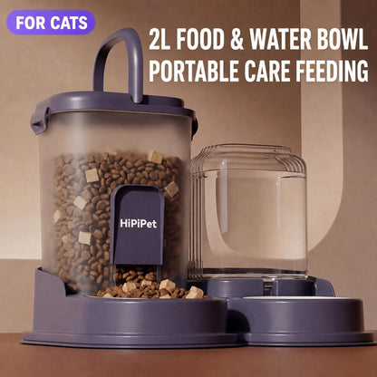 SKY-TOUCH Automatic Cat Food and Water Dispenser, 2L Pet Feeder with 1.2L Water Tank, Anti-Tip Gravity Feeding Station with Stainless Steel Bowl for Cats and Small Dogs, Ivory White