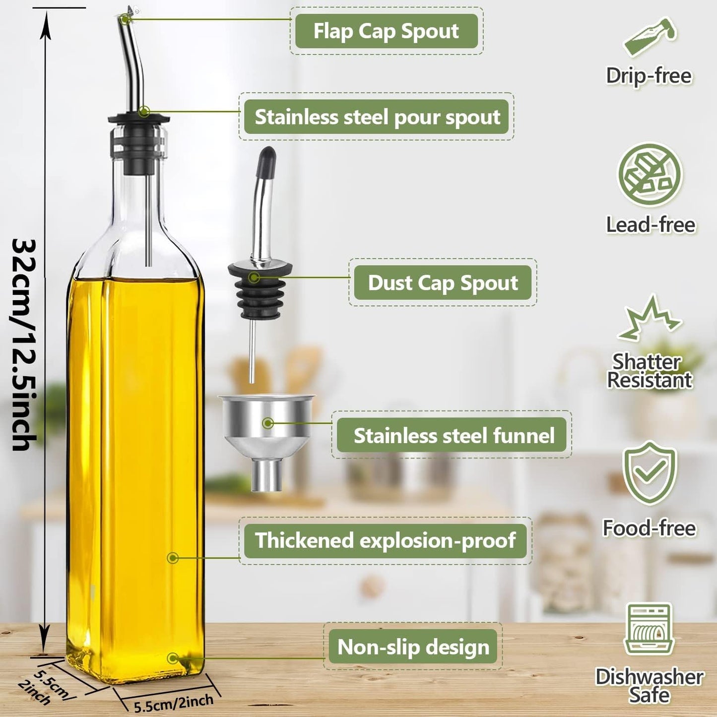 SKY-TOUCH 2 Pcs Oil Dispenser Bottles, 500ml Glass Olive Oil Dispenser Bottle and Vinegar Dispenser Set with Pourers, Funnel and Labels