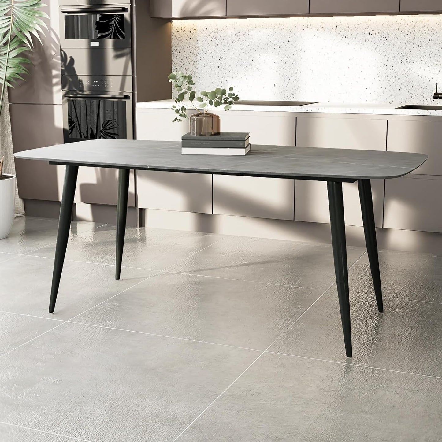 SKY-TOUCH New upgrade Modern Kitchen Dining Table,Rock Board Desktop Dining Table 140×80×75cm,Wooden Board Stably Connect to Desktop,Black Iron Table Legs - Installation Instructions Inside