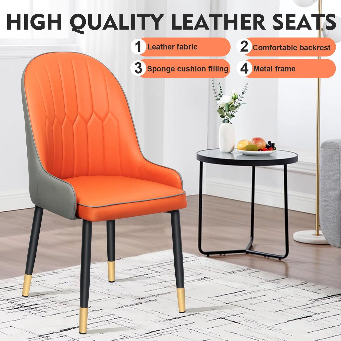 SKY-TOUCH Modern PU Leather Dining Chair, High Back with Soft Seat, Metal Side Legs, Orange, 45x43x90cm, Ideal for Kitchen, Dining Room, Living Room, and Vanity,1pcs