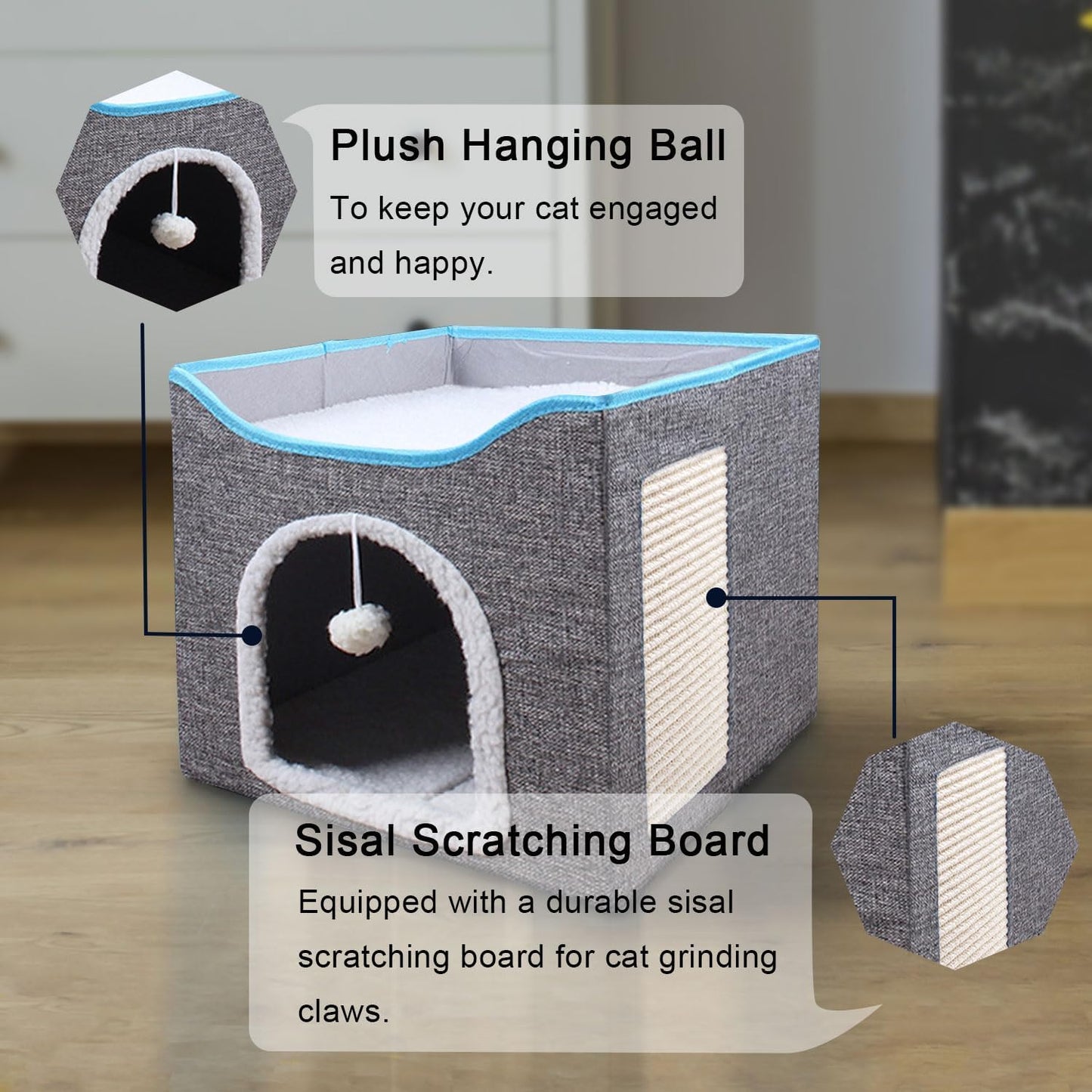 SKY-TOUCH Foldable Cat House Cave Bed with Scratching Board & Fluffy Ball, Indoor Cat Igloo Bed for Multi Small Pets, Grey – Pet Safe Durable, 41x41x35cm
