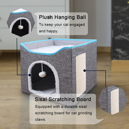 SKY-TOUCH Foldable Cat House Cave Bed with Scratching Board & Fluffy Ball, Indoor Cat Igloo Bed for Multi Small Pets, Grey – Pet Safe Durable, 41x41x35cm