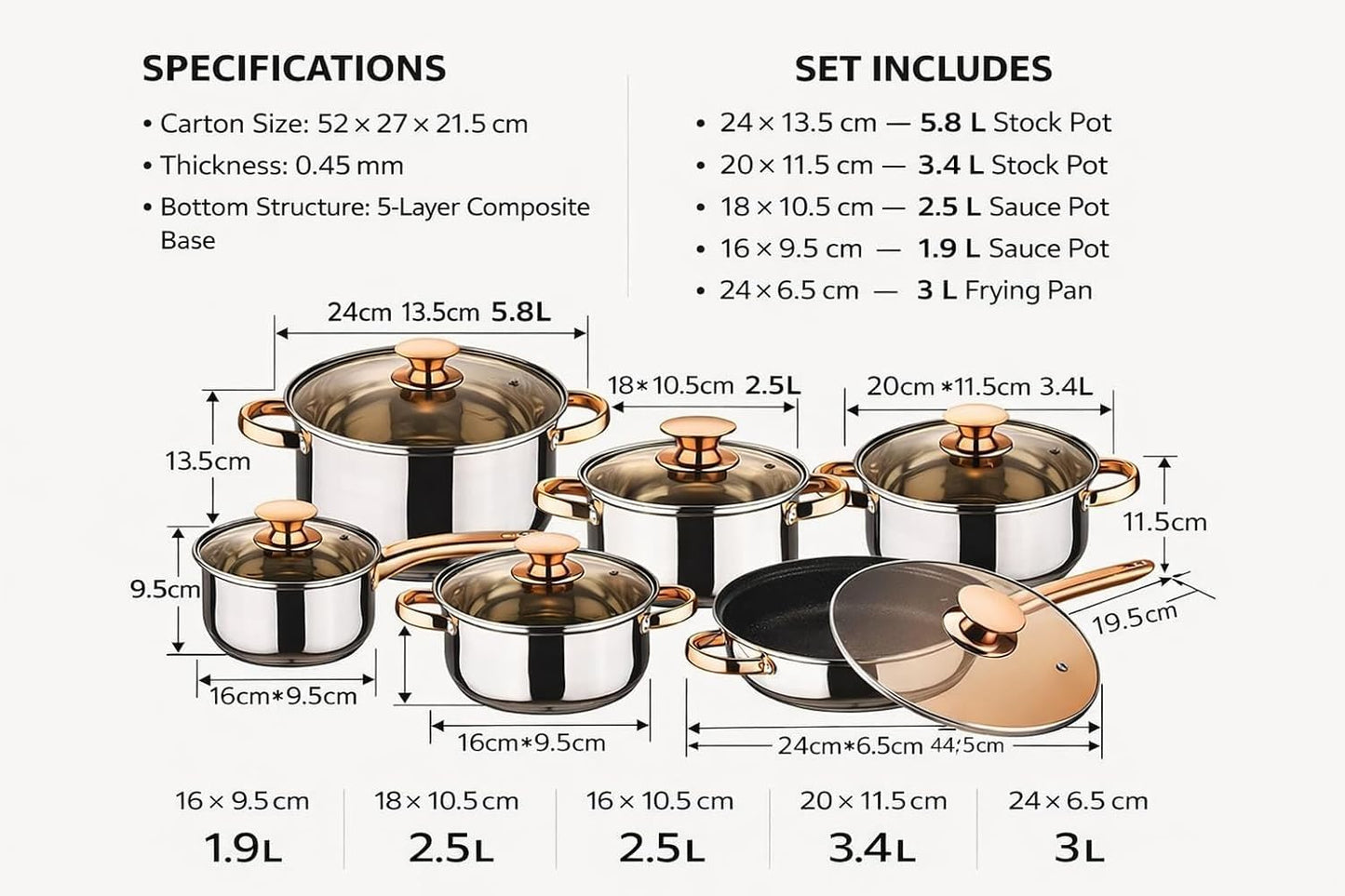SKY-TOUCH 12PCS Stainless Steel Cookware Set, Multipurpose Pots & Pans Setve with Tempered Glass Lids Fast Heating & Easy to Clean Kitchen Essentials for Cooking (Golden Brown)