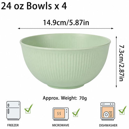 SKY-TOUCH 4 Pack Wheat Straw Bowls, 24 oz Reusable Unbreakable Bowls with 3D Textured Stripe Design, Lightweight BPA-Free Bowls, Dishwasher Safe Salad Soup Cereal Bowls for Kitchen Dining Outdoor Use