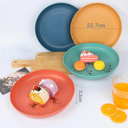 SKY-TOUCH 4 Pack Wheat Straw Plates, Reusable Unbreakable Plates with 3D Textured Stripe Design, BPA-Free Dishwasher Safe Dinner Plates for Salad Dessert Snacks Kitchen Dining