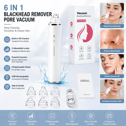 SKY-TOUCH Blackhead Remover Pore Vacuum with HD Camera, WiFi Visible Facial Pore Cleanser, Electric Blackhead Suction Tool with 6 Suction Heads & 3 Modes, USB Rechargeable
