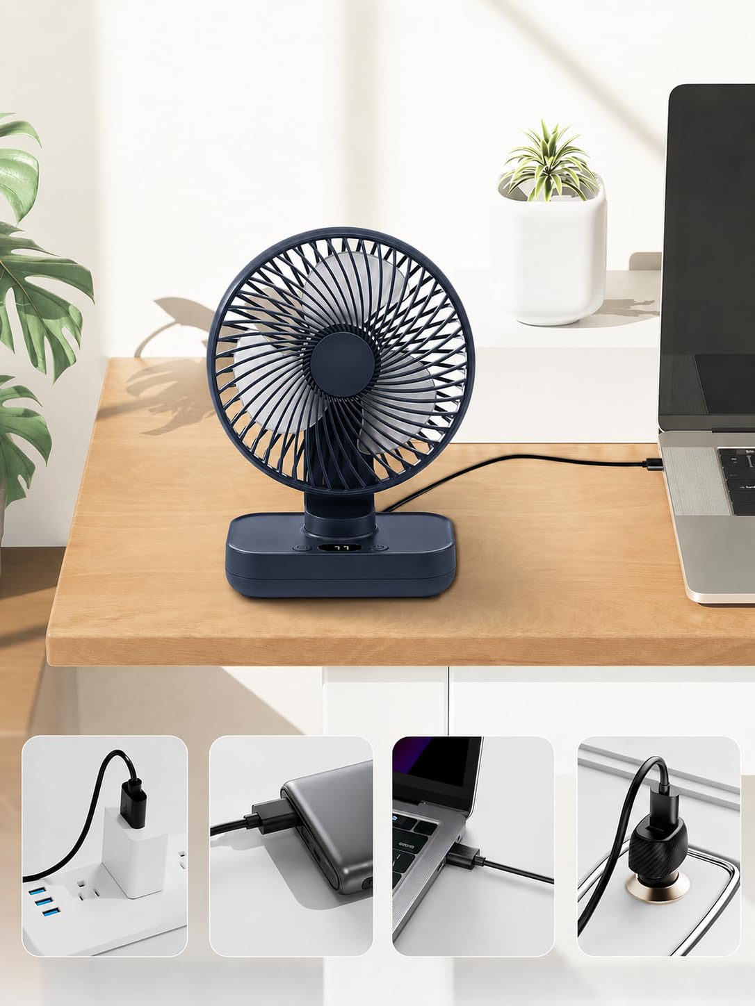 SKY-TOUCH Portable Desk Fan, Table Fan with Long Runtime, 4 Speed Quiet Personal Cooling Fan with Auto Oscillation & Adjustable Angle, USB Charging Fan for Bedroom Office Camping, 138×75×187mm, Blue