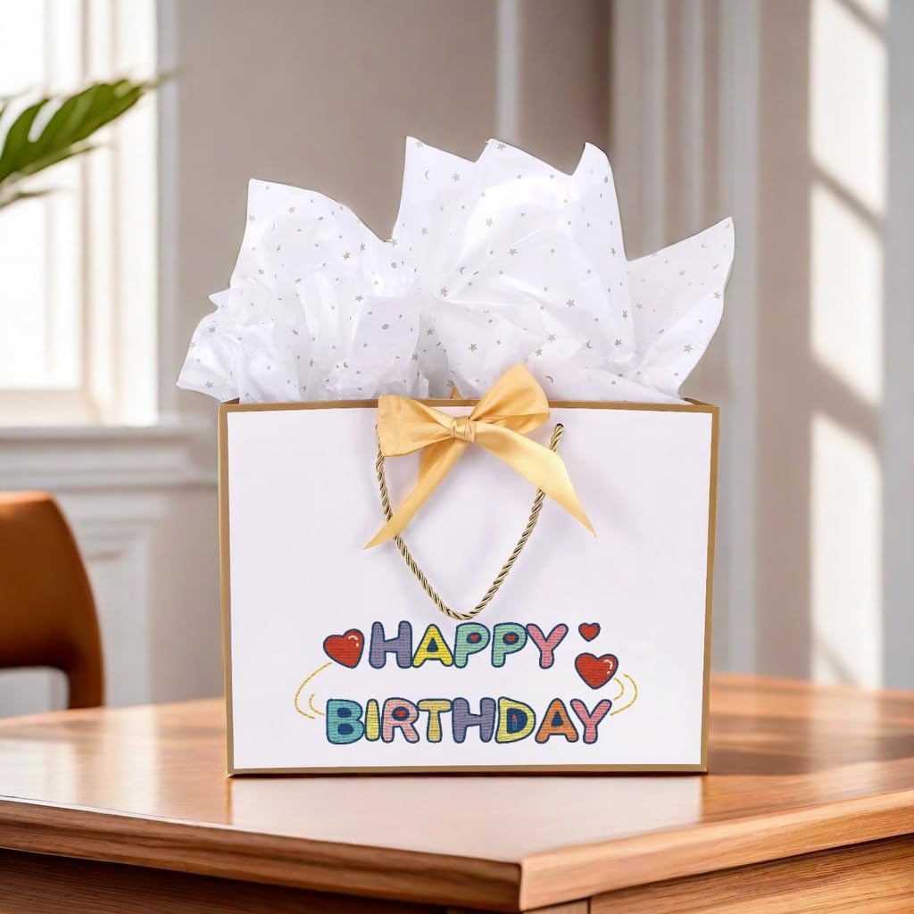 SKY-TOUCH 6-Piece White Gift Bag Set with Gold Trim – Includes 6 Gold Ribbons, 6 Greeting Cards, and 12 Matching White Tissue Sheets (28 × 10 × 20 cm)
