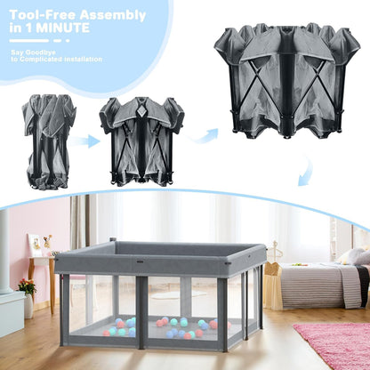 SKY-TOUCH Foldable Baby Playpen 125x125x65cm, Sturdy Anti-Fall Baby Playpen with Breathable Mesh, Portable Play Pen for Babies and Toddlers, Indoor & Outdoor Baby Play Area, Gray - 2 Pull-Up Ring