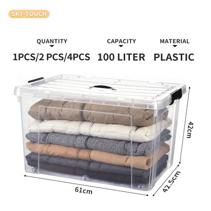 SKY-TOUCH 1 PCS Clear Plastic Storage Box with Lockable Lid & Wheels,Plastic Organizer Bin with Handles,for Storing Clothes, Toys, Tools