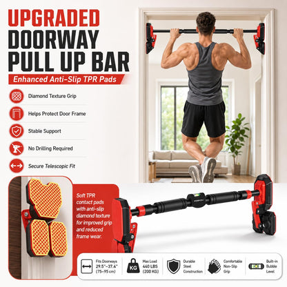 SKY-TOUCH Pull Up Bar for Doorway, Adjustable 70-96cm Chin Up Bar with Dual Support Design and Dual Bubble Levels, No Drill Installation Strength Training Bar for Home Gym Fitness Exercise