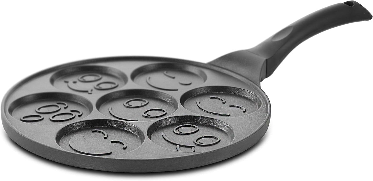 SKY-TOUCH Seven Hole Smiley Faces Pancake Pan, Non Stick Pan Muffin Flat Pot Egg Dumpling Fried Egg Mold Breakfast Pot, 26.5x26.5cm - with Cool Touch Handle