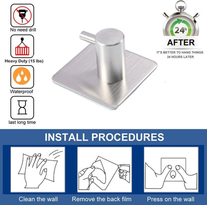 SKY-TOUCH Adhesive Towel Hooks 4pcs, Heavy Duty Wall Stainless Steel Hooks for Hanging Coat Clothes Towels Hat Bags for Home Entryway Bathroom Kitchen