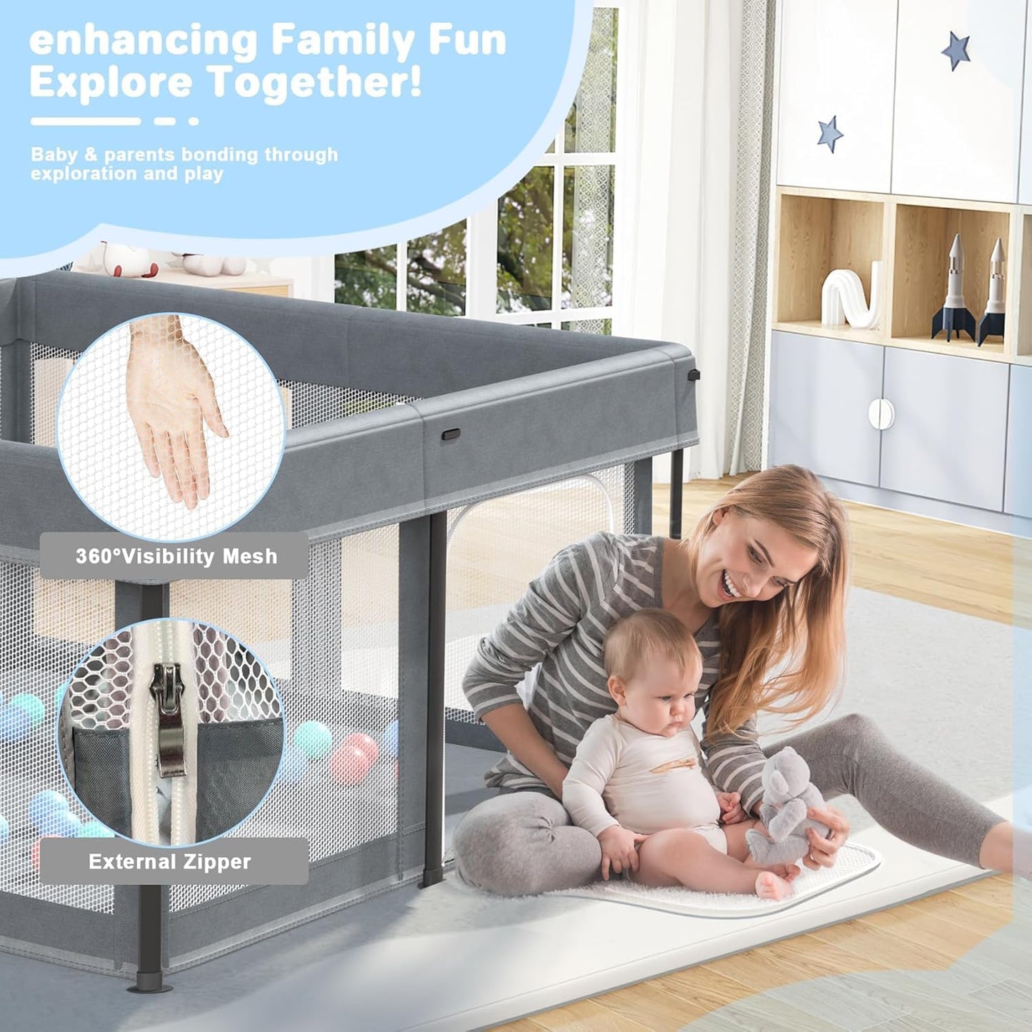 SKY-TOUCH Foldable Baby Playpen 125x125x65cm, Sturdy Anti-Fall Baby Playpen with Breathable Mesh, Portable Play Pen for Babies and Toddlers, Indoor & Outdoor Baby Play Area, Gray - 2 Pull-Up Ring