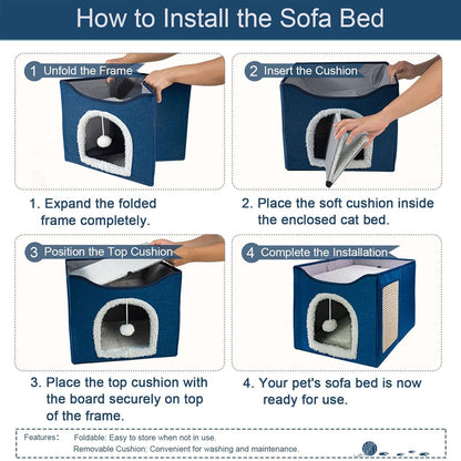 SKY-TOUCH Foldable Cat House Cave Bed with Scratching Board & Fluffy Ball, Indoor Cat Igloo Bed for Multi Small Pets, Grey – Pet Safe Durable, 41x41x35cm