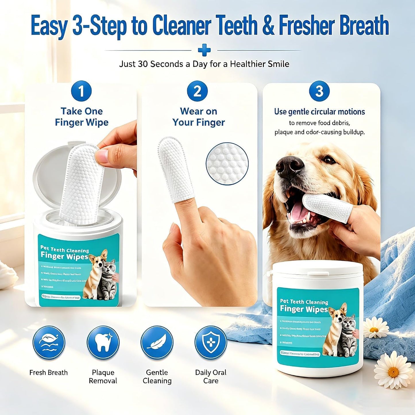 SKY-TOUCH Pet Teeth Cleaning Finger Wipes for Dogs & Cats, Gentle Daily Oral Care Dental Wipes Helps Reduce Plaque Tartar & Freshens Breath, Dog Toothbrush Alternative for Puppies, 50 Count