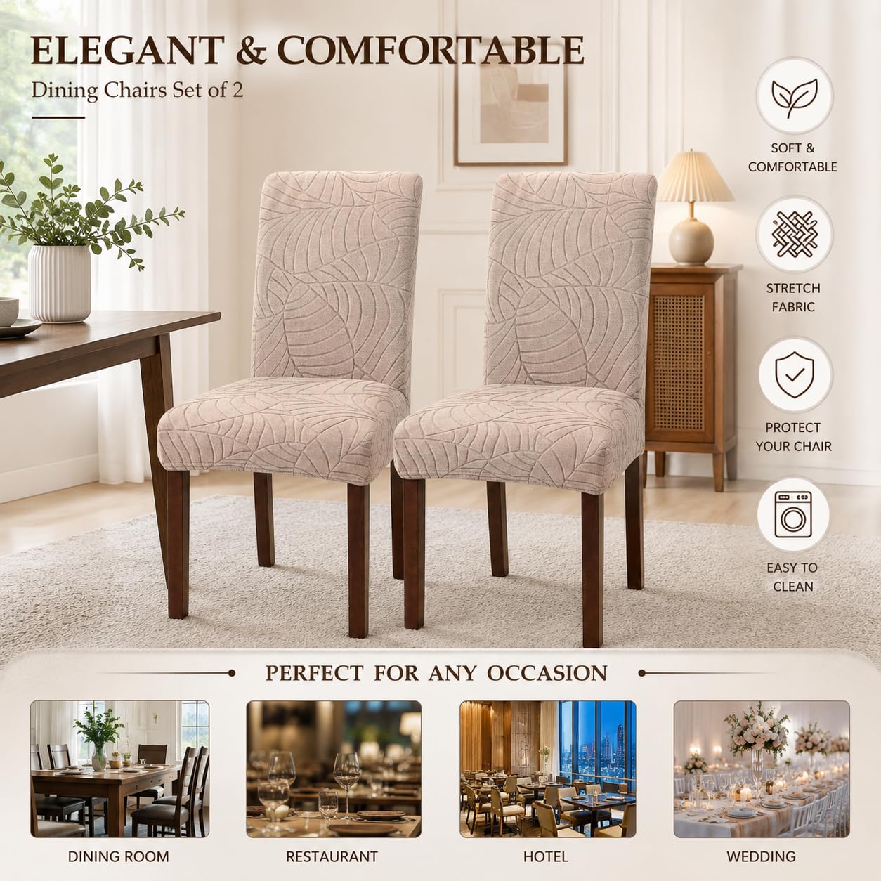 SKY-TOUCH 2 PCS Dining Chair Slipcovers, Stretch Dining Room Chair Covers, Removable Washable Chair Protectors, Dustproof Chair Covers for Home, Kitchen, Restaurant, Hotel (Sand)