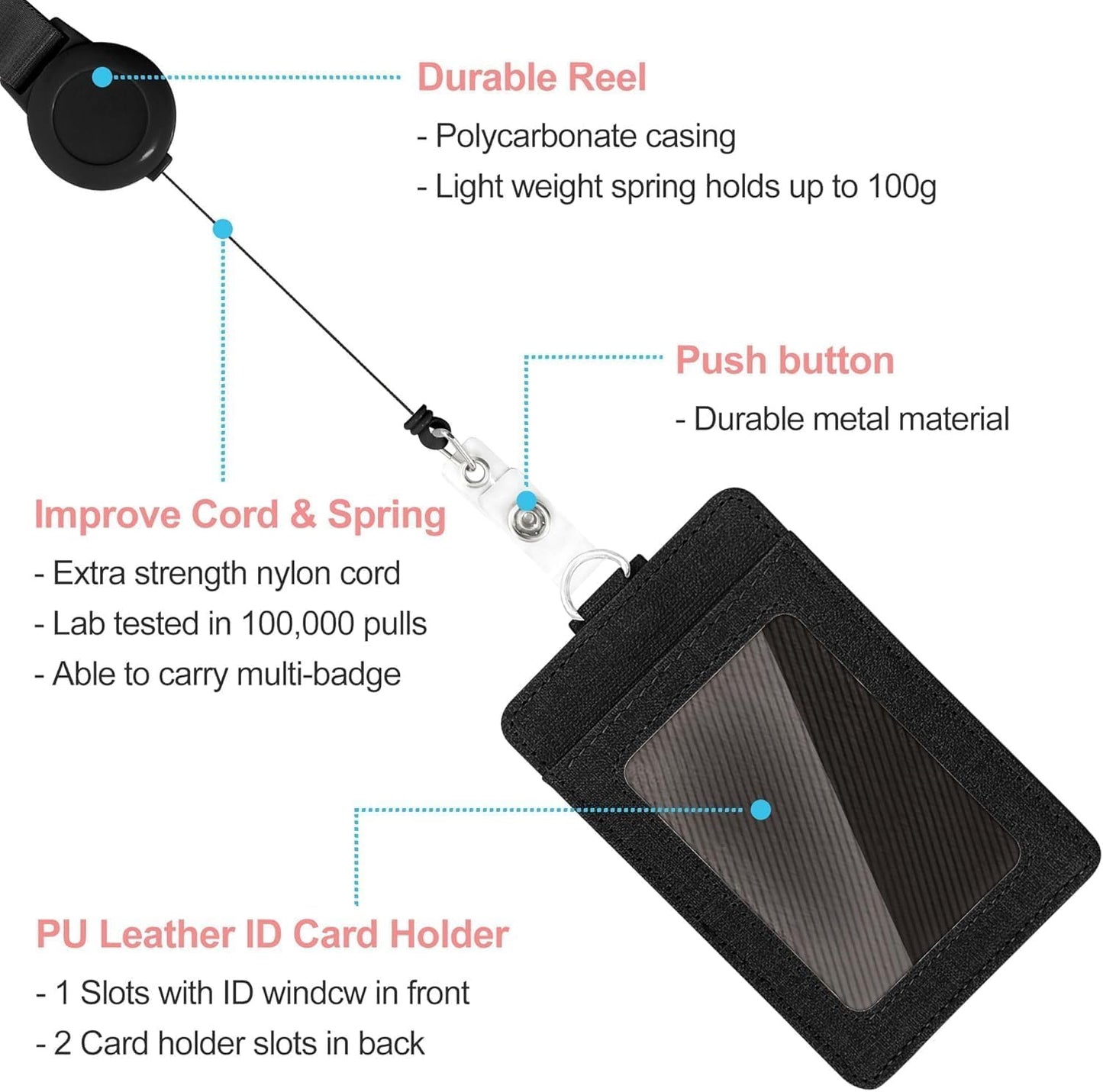 SKY-TOUCH Badge Holder, PU Leather Card Wallet with Retractable Clip, Featuring 3 Card Slots And a Neck Lanyard/Shoulder Strap Suitable for Office IDs, Student IDs, And Driver's Licenses Black