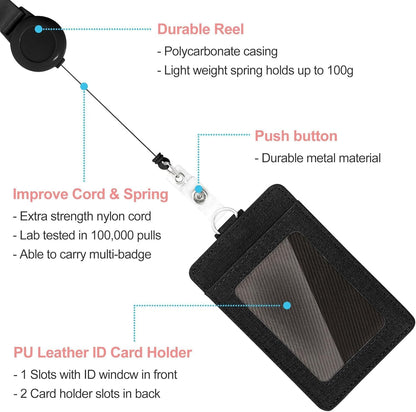 SKY-TOUCH Badge Holder, PU Leather Card Wallet with Retractable Clip, Featuring 3 Card Slots And a Neck Lanyard/Shoulder Strap Suitable for Office IDs, Student IDs, And Driver's Licenses Black