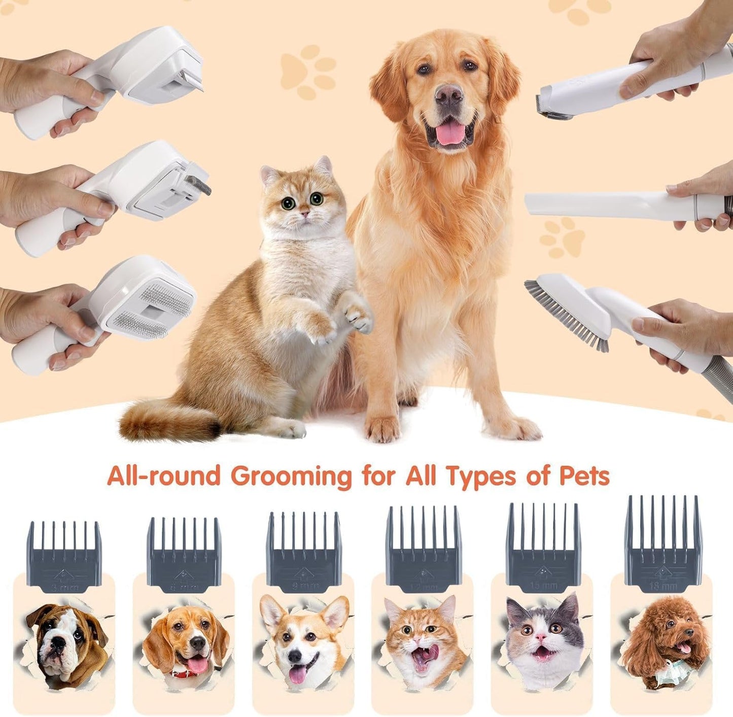SKY-TOUCH Pet Grooming Kit and Hair Vacuum, 12 in 1 Shedding Grooming Kit, 2L Large Capacity Low Noise Hair Remover Supplies for Dogs & Cats, Professional Grooming Shedding Tools