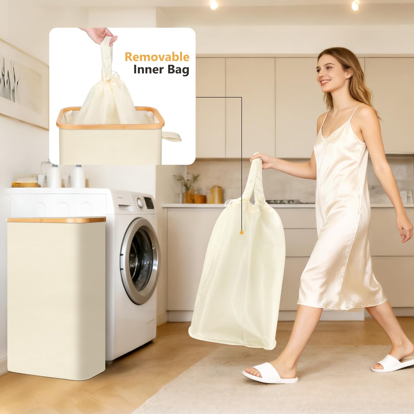 SKY-TOUCH 65L Slim Laundry Basket with Lid, Beige Foldable Laundry Hamper with Removable Inner Bag, Narrow Clothes Basket for Bedroom, Bathroom, Laundry Room & Dorm, 41x22x72cm, Beige