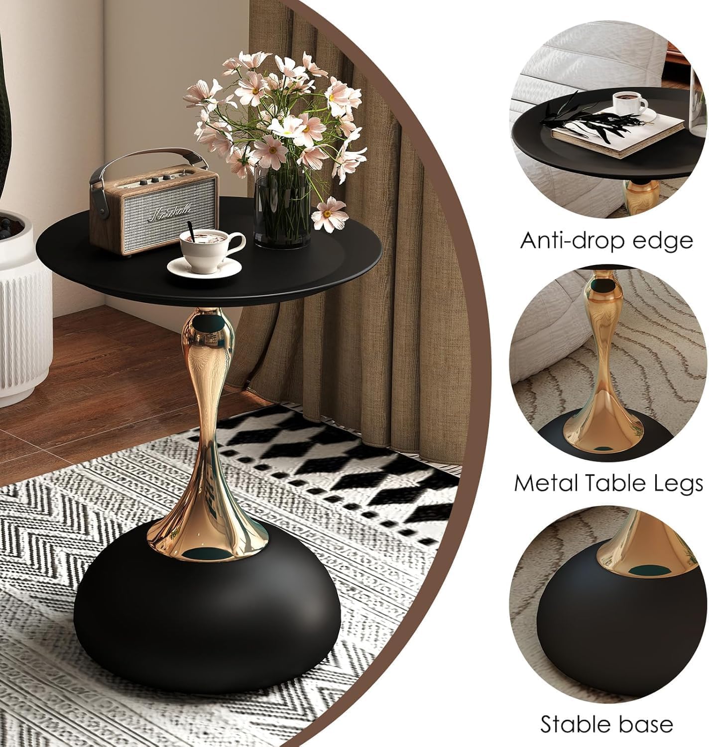 SKY-TOUCH Round Side Table, Slim-waisted Sofa Side Table, Modern Minimalist Style, Electroplated Metal Frame, Suitable For Small Spaces, Living Rooms, And Bedrooms, 39 * 39 * 55cm Black