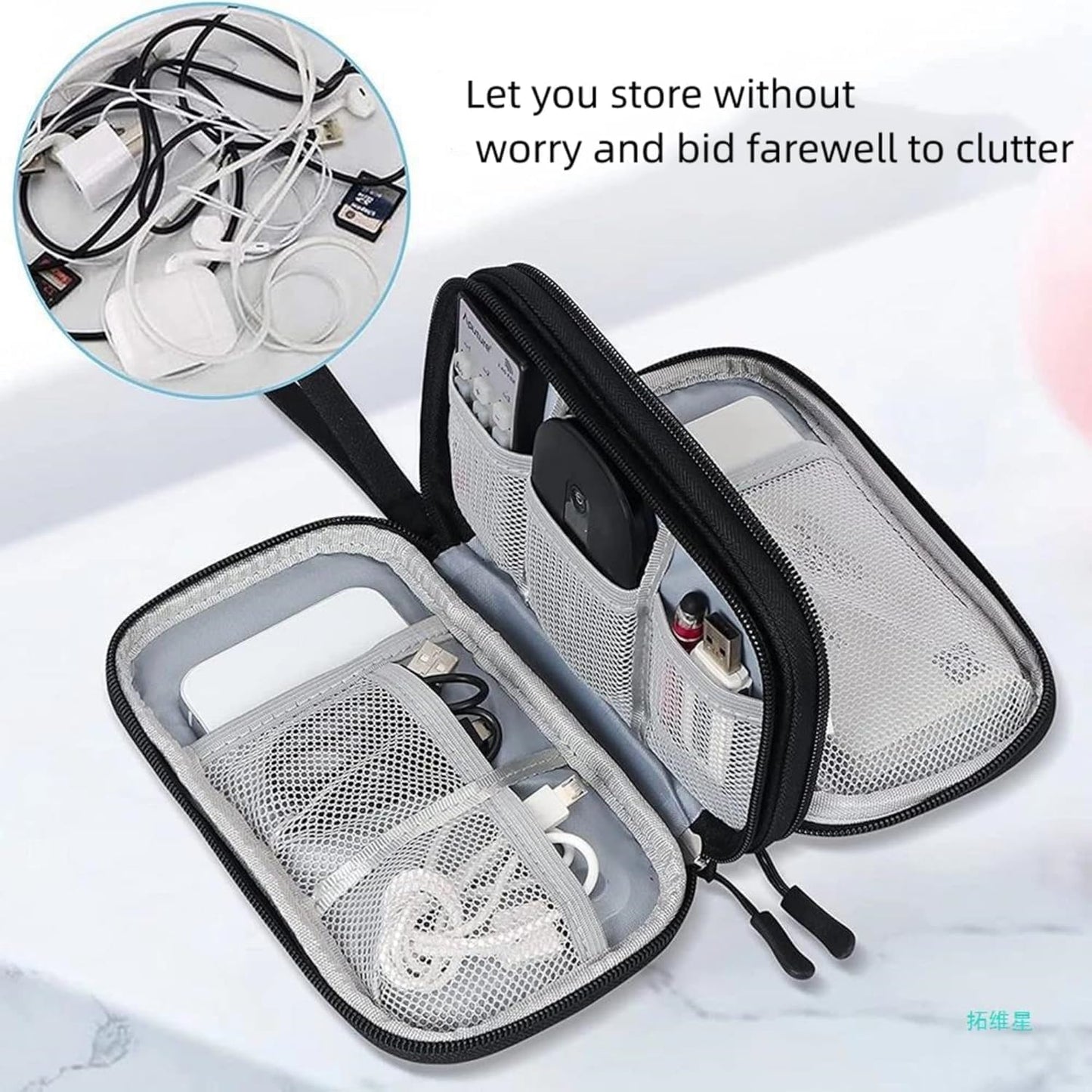 SKY-TOUCH Portable Waterproof Electronic Accessory Organizer Bag – Suitable for Cables, Chargers, Phones, Earphones, and More (Black)