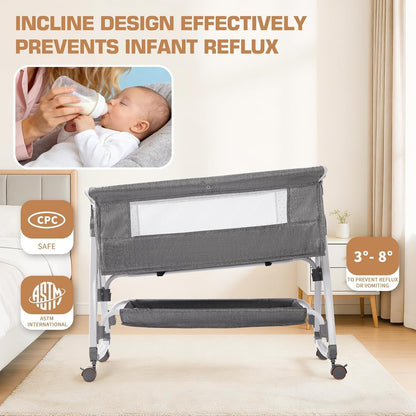 SKY-TOUCH Baby Bedside Crib Adjustable, Baby Cradle With Large Storage Basket, Travel Crib with Mattress Breathable Net,Mosquito Net Detachable, Soft Mattress 360°Swivel Wheels, for Infants Newborn