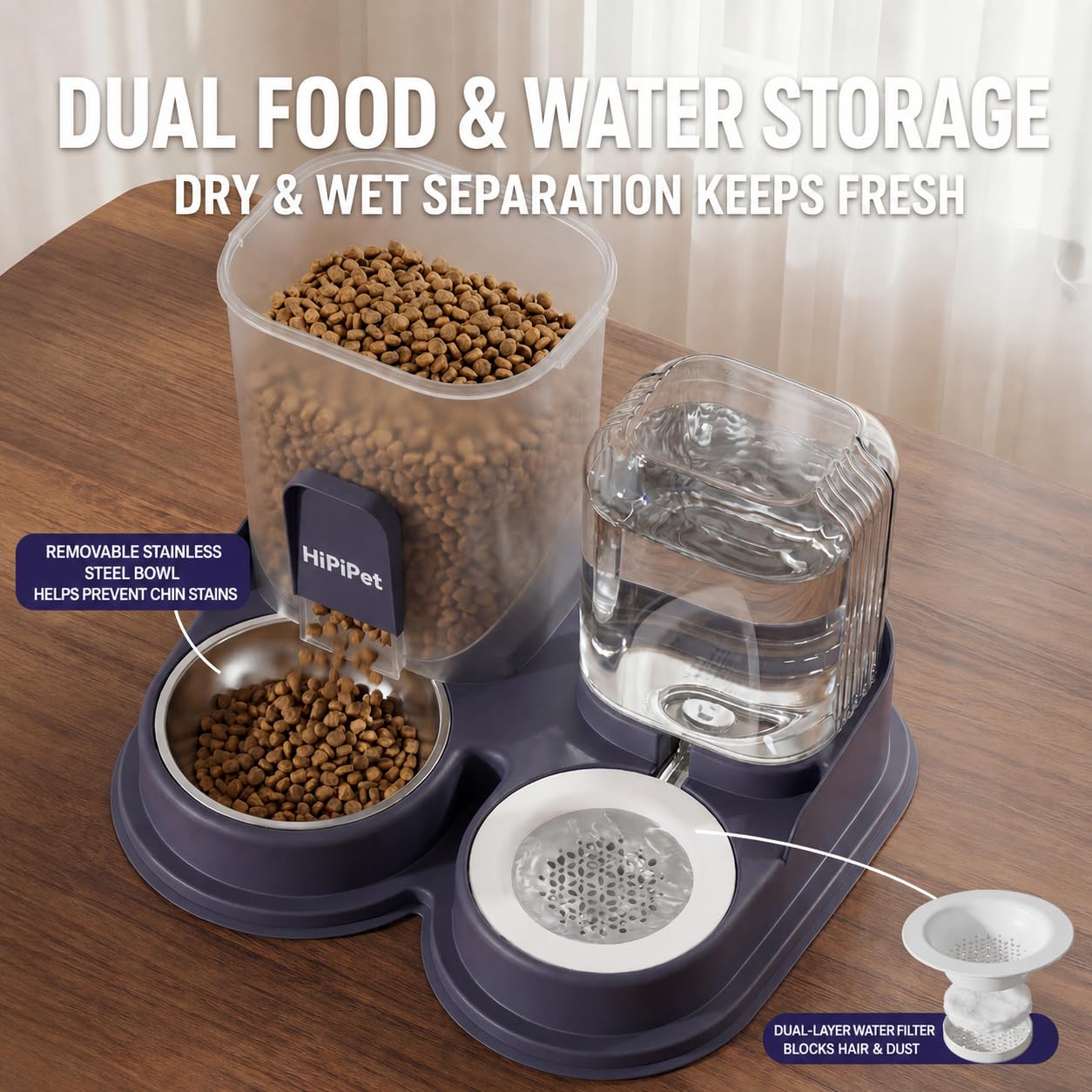 SKY-TOUCH Automatic Cat Food and Water Dispenser, 2L Pet Feeder with 1.2L Water Tank, Anti-Tip Gravity Feeding Station with Stainless Steel Bowl for Cats and Small Dogs, Ivory White