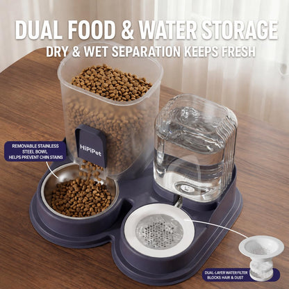 SKY-TOUCH Automatic Cat Food and Water Dispenser, 2L Pet Feeder with 1.2L Water Tank, Anti-Tip Gravity Feeding Station with Stainless Steel Bowl for Cats and Small Dogs, Ivory White