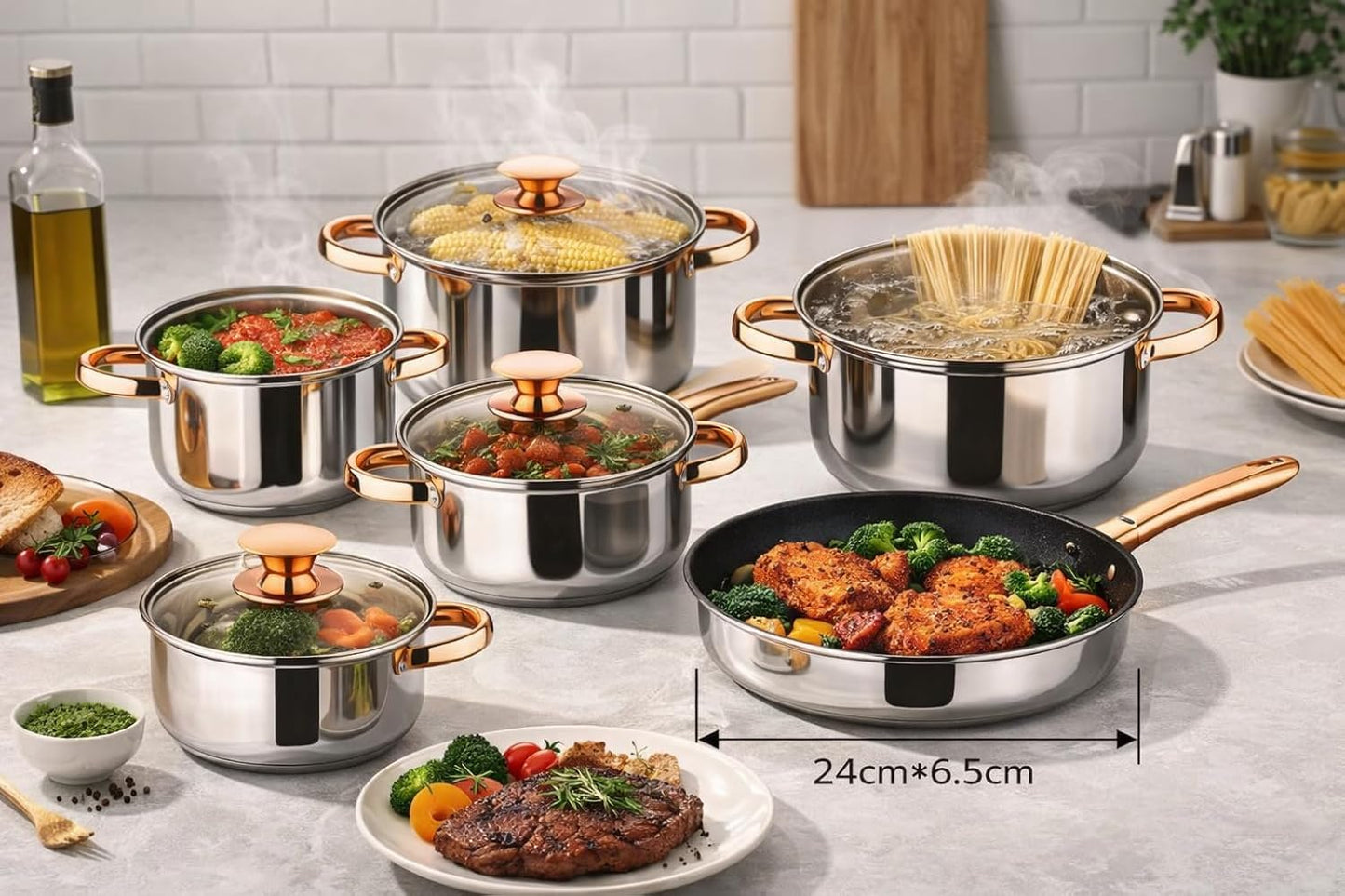 SKY-TOUCH 12PCS Stainless Steel Cookware Set, Multipurpose Pots & Pans Setve with Tempered Glass Lids Fast Heating & Easy to Clean Kitchen Essentials for Cooking (Golden Brown)