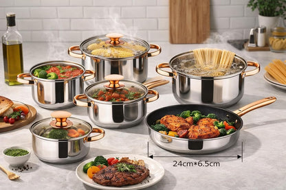 SKY-TOUCH 12PCS Stainless Steel Cookware Set, Multipurpose Pots & Pans Setve with Tempered Glass Lids Fast Heating & Easy to Clean Kitchen Essentials for Cooking (Golden Brown)