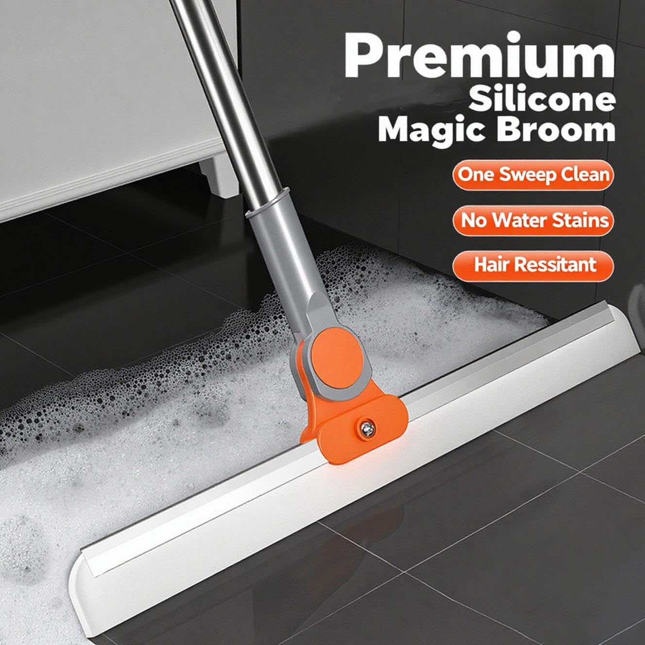 SKY-TOUCH Multi-Purpose Silicone Floor Squeegee，38cm Dual-Head with 110cm Extendable Stainless Steel Handle, Orange, for Bathroom, Kitchen, Windows, and Smooth Floors Include 1 Wall Hook