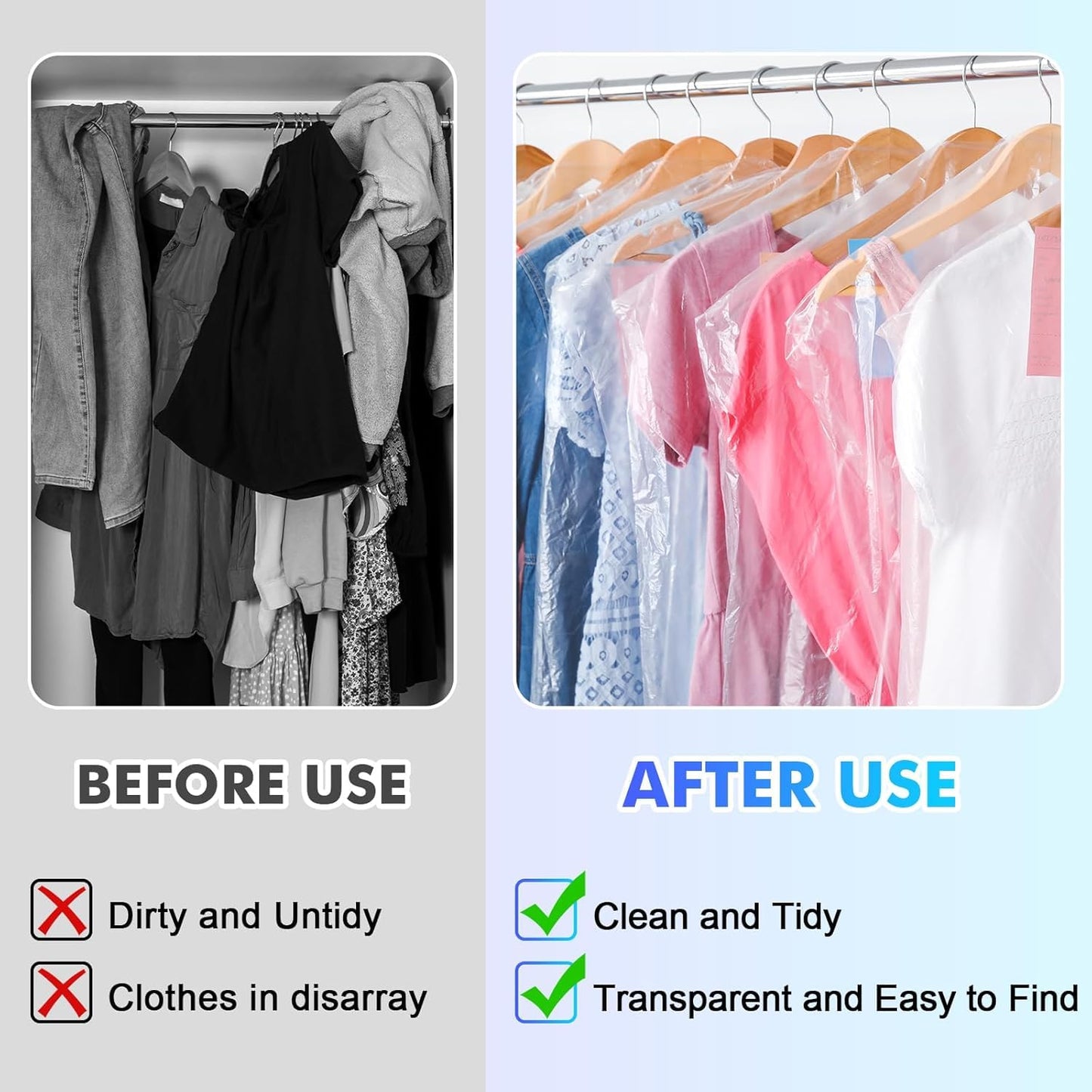 SKY-TOUCH 50 Pack Plastic Garment Bags, Clear Dustproof Clothes Covers for Suits, Dresses, Jackets, and Shirts – Heavy Duty,Waterproof, and Tear-Resistant, 60 x 120 cm