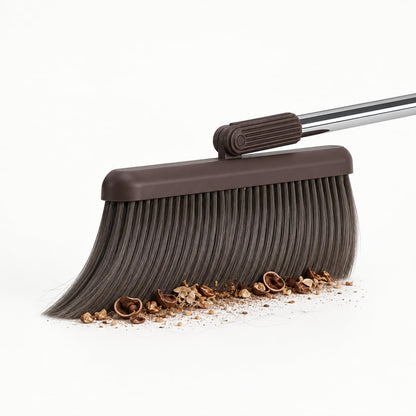 SKY-TOUCH Coffee Brown Broom and Dustpan Set with Long Handle, Upright Standing Dustpan with Built-in Comb Teeth, Indoor Sweeping Cleaning Set for Kitchen, Home, Office and Pet Hair