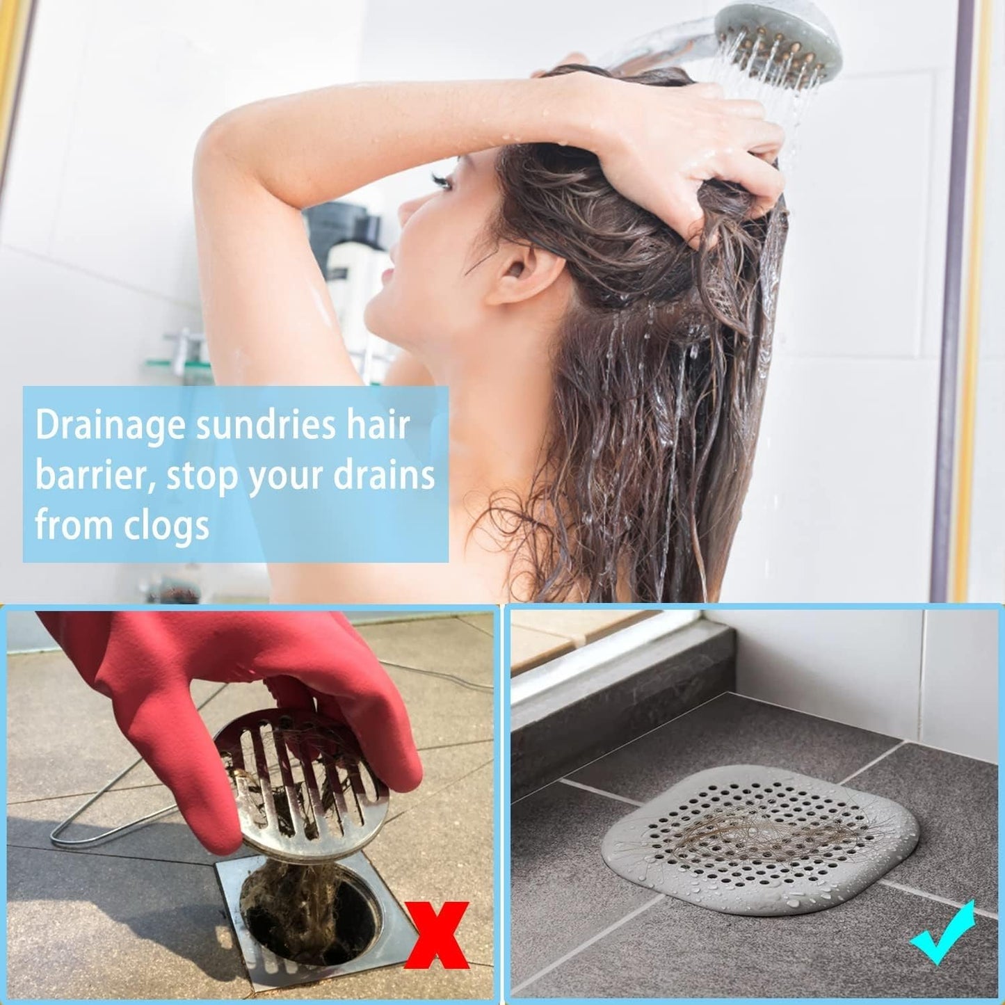 SKY-TOUCH Drain Hair Catcher 3pcs, Silicone Bathroom Accessories Shower Drain Protector Sink Drain Strainer Hair Stopper for Shower Kitchen Bathroom Tub Grey