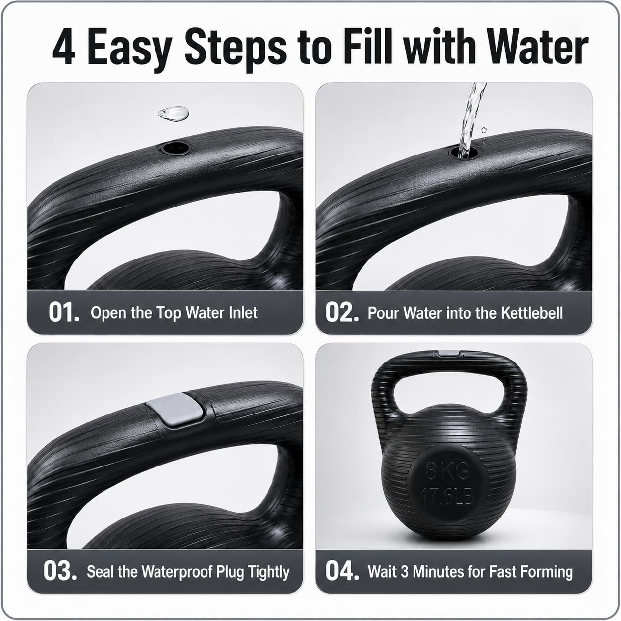 SKY-TOUCH 8KG Water-Filled Kettlebell, Fillable Fitness Weight with Anti-Slip Threaded Handle, Large TPR Plug and Stable Base for Home Gym Strength Training