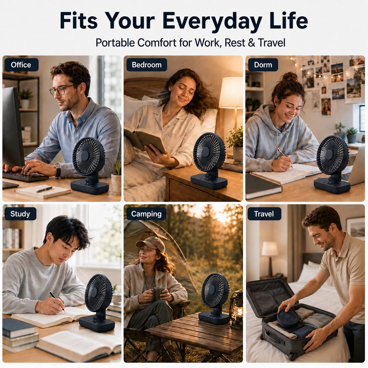 SKY-TOUCH Portable Desk Fan, Table Fan with Long Runtime, 4 Speed Quiet Personal Cooling Fan with Auto Oscillation & Adjustable Angle, USB Charging Fan for Bedroom Office Camping, 138×75×187mm, Blue
