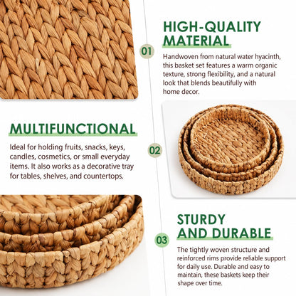 SKY-TOUCH Wicker Storage Tray Baskets Set of 3, Handwoven Grass Organizer Trays, Rustic Woven Baskets for Coffee Table, Cabinet, Shelf, Fruit and Home Decor