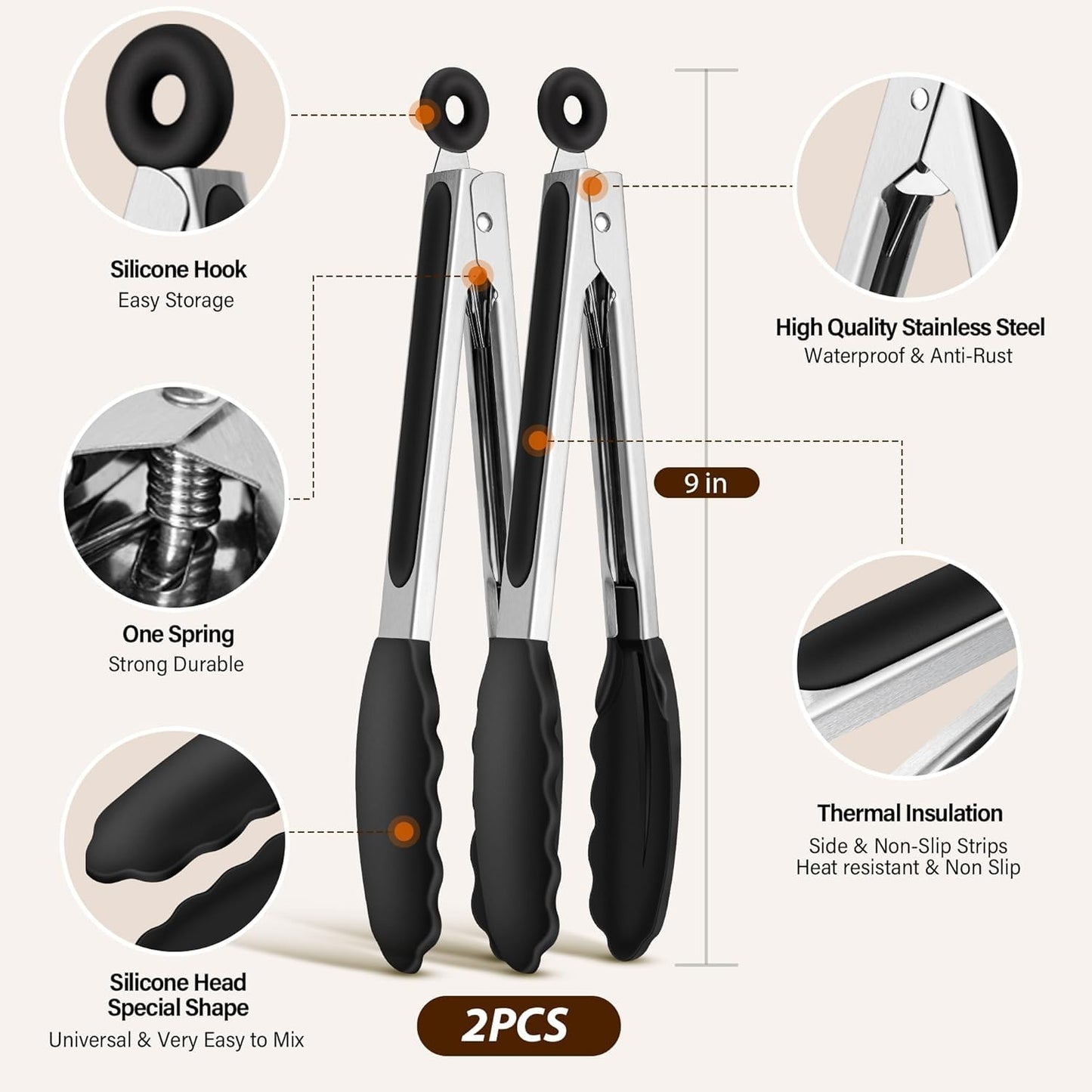 SKY-TOUCH 2 Pack Kitchen Food Tongs for Cooking, 9 Inch Non-Stick Silicone and Metal Tongs Easy Grip Locking Salad Tong Heat Resistant for BBQ Cooking Barbecue Steak and Serving Food Non Stick
