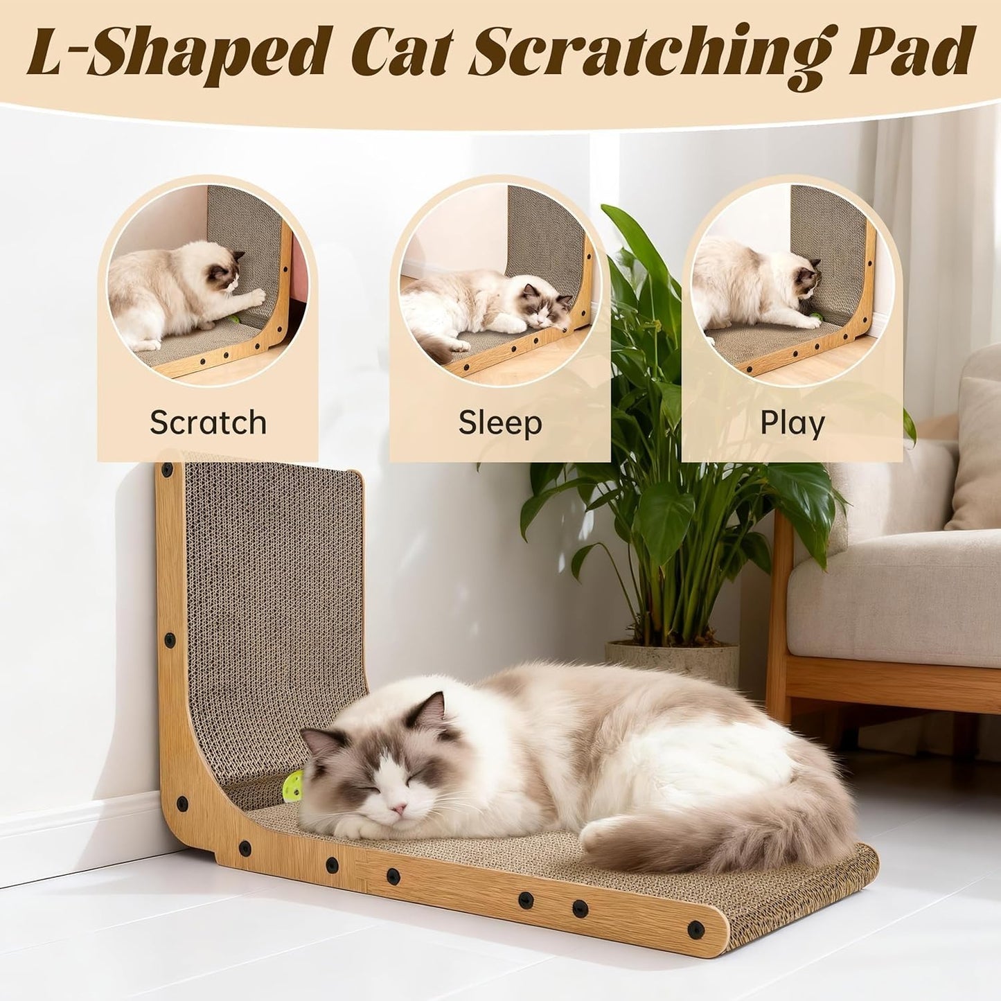 SKY-TOUCH L Shape Cat Scratcher, Large 26.8'' Vertical Cat Scratchers with Ball Toy, Cardboard Scratch Pad for Indoor Cats, Wall and Couch