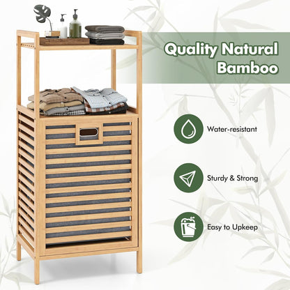 SKY-TOUCH Bamboo Laundry Hamper, Three-tier Open Shelving, Tiltable Design, with Removable Inner Bag, Independent Storage Rack, Suitable for Bathroom, Living Room, and Bedroom