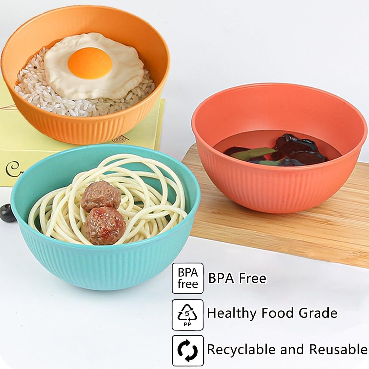 SKY-TOUCH 4 Pack Wheat Straw Bowls, 24 oz Reusable Unbreakable Bowls with 3D Textured Stripe Design, Lightweight BPA-Free Bowls, Dishwasher Safe Salad Soup Cereal Bowls for Kitchen Dining Outdoor Use