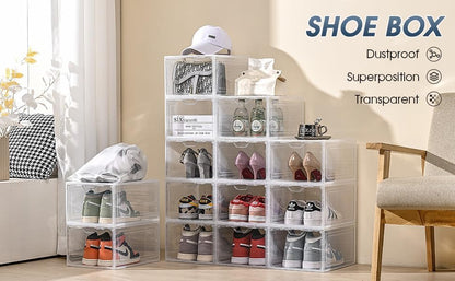 SKY-TOUCH Shoe Storage Box, 6 Pcs Shoe Box Clear Plastic Stackable, Sturdy Foldable Shoe Organizer Containers with Magnetic Door for Women/Men, White, 33.5x25x18cm