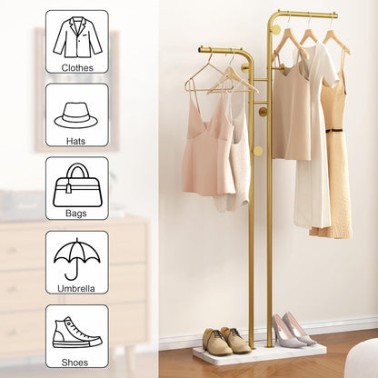 SKY-TOUCH Metal Coat Rack, Modern Double-Pole Clothes Hanger Stand with 5 Hooks, Freestanding Coat Tree with Stable Base for Entryway, Closet, Bedroom, Living Room, Gold
