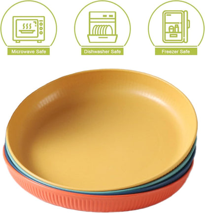 SKY-TOUCH 4 Pack Wheat Straw Plates, Reusable Unbreakable Plates with 3D Textured Stripe Design, BPA-Free Dishwasher Safe Dinner Plates for Salad Dessert Snacks Kitchen Dining
