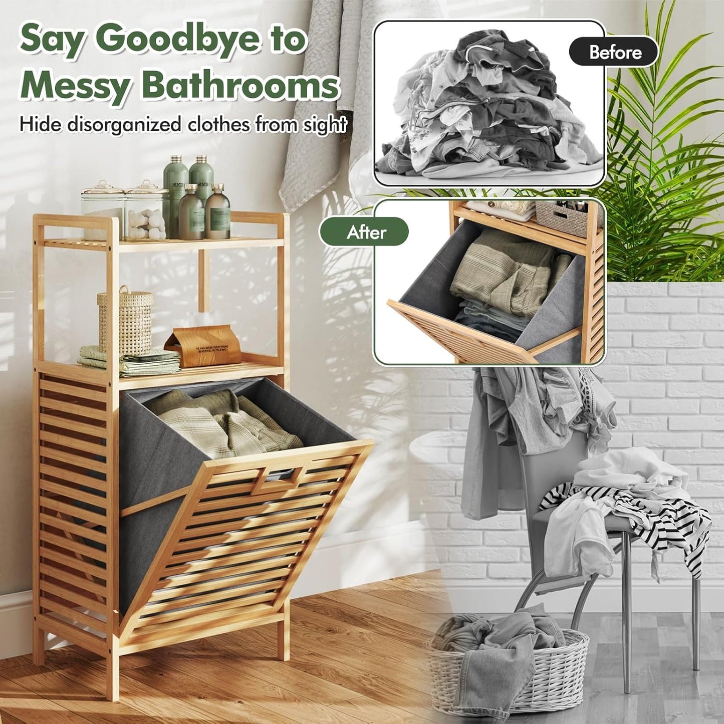 SKY-TOUCH Bamboo Laundry Hamper, Three-tier Open Shelving, Tiltable Design, with Removable Inner Bag, Independent Storage Rack, Suitable for Bathroom, Living Room, and Bedroom