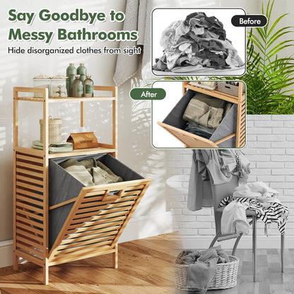 SKY-TOUCH Bamboo Laundry Hamper, Three-tier Open Shelving, Tiltable Design, with Removable Inner Bag, Independent Storage Rack, Suitable for Bathroom, Living Room, and Bedroom
